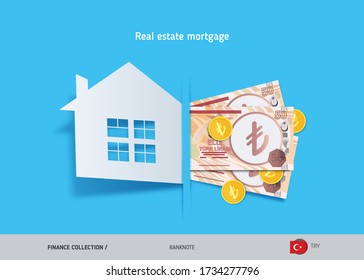 Real estate mortgage concept. 50 Turkish Lira banknotes and gold coins. Flat style vector illustration.