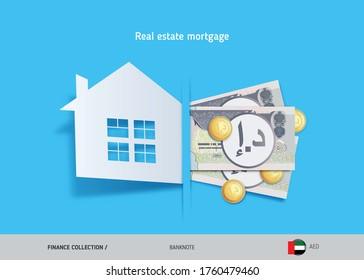 Real estate mortgage concept. 500 United Arab Emirates Dirham banknotes and gold coins . Flat style vector illustration.