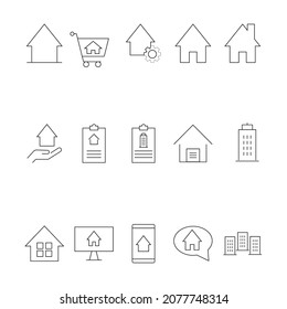 Real estate and mortgage concept. Collection of vector outline symbols for advertising, promotion, stores, banners. Line icons of house, apartment building, mortgage, property 