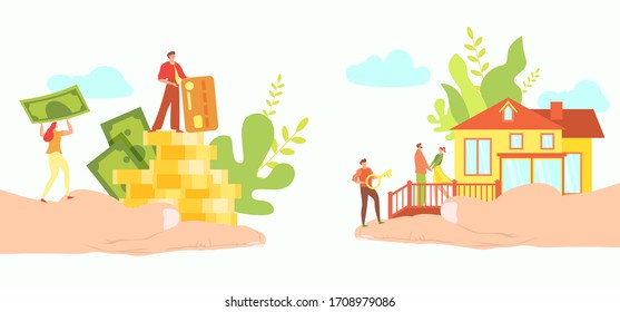 Immobilien Hypothekenkonzept, kleine Leute kaufen neues Haus, Hand, die Geld hält, Vektorillustration Illustration. Cartoon-Charaktere, Immobilien-Bank-Kredit. Vermittler bietet Wohnhaus, Mietvertrag