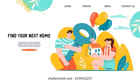 Real estate and mortgage concept for website banner or landing page, flat vector illustration. Moving and purchasing new house.