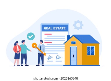 Real estate mortgage, home developer and customer, property concept, flat illustration vector