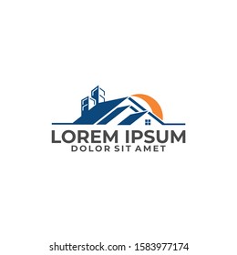 Real estate and mortgage logo template with roof top house and high building illustration in flat design monogram symbol