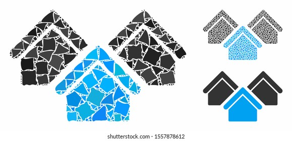 Real estate mosaic of irregular pieces in various sizes and color tints, based on real estate icon. Vector humpy pieces are grouped into collage. Real estate icons collage with dotted pattern.