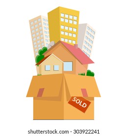Real estate objects for sale flat vector concept with skyscrapers buildings and one-storey houses or cottages in cardboard box with sold sticker isolated on white. City housing for sale, rent or trade