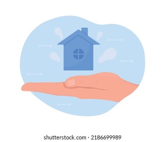 Real estate offer 2D vector isolated illustration. Holding house on straight palm flat hand gesture on cartoon background. Provide dwelling colourful editable scene for mobile, website, presentation
