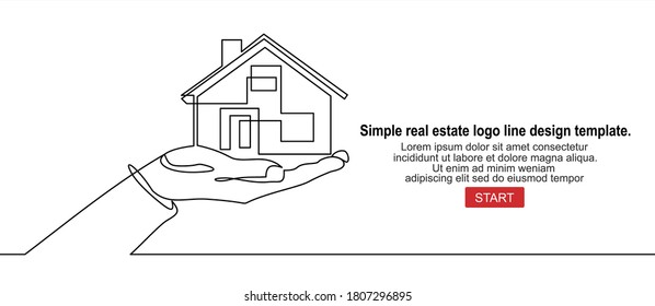 Real estate offer. Businessman holding a house.Vector continuous line.Simple Real Estate Logo Line Design Template .