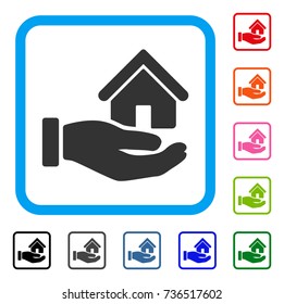 Real Estate Offer Hand icon. Flat grey iconic symbol in a light blue rounded squared frame. Black, gray, green, blue, red, orange color variants of Real Estate Offer Hand vector.