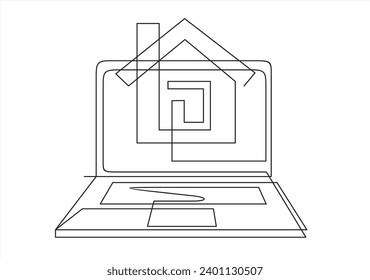 Real Estate Offer Website On Laptop Drawing.Continuous line art or one line drawing	