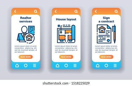 Real Estate On Mobile App Onboarding Screens. Line Icons, Realtor Services, House Layout, Sign A Contract. Banners For Website And Mobile Kit Development UI/UX/GUI Template