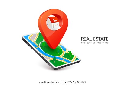 Real estate on mobile. Model house icon in location pin red on GPS map city center in app smartphone. Isolated on white background for ads. Find your dream home. Property investment concept. 3D Vector