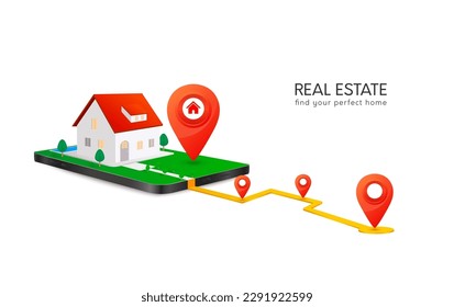 Real estate on mobile. Model house icon and location pin red on map in app smartphone. Isolated on white background for ads. Find your dream home. Property investment concept. 3D Vector