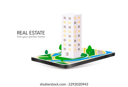 Real estate on mobile. Model condominium icon in location pin red on GPS map city center in app smartphone. Isolated on white background. Find your dream home. Property investment concept. 3D Vector