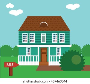 Real estate on sale. House, cottage, townhouse, mansion vector illustration with sail sign in yard