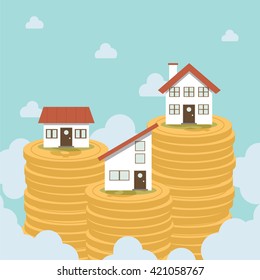 Real estate on the top of coin money stack. house, building, home, Flat design for business financial marketing banking real estate property in minimal concept cartoon illustration.