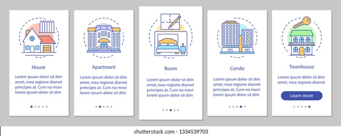 Real estate onboarding mobile app page screen with linear concepts. House, apartment, room, condo, townhouse walkthrough steps graphic instructions. UX, UI, GUI vector template with illustrations