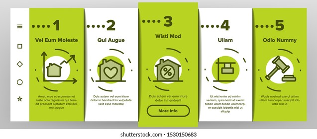 Real Estate Onboarding Mobile App Page Screen Vector Icons Set . Building And House, Map And Plan, Garage And Swimming Pool Real Estate Concept Linear Pictograms. Contour Illustrations