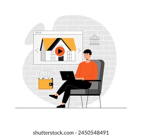 Bienes raíces en línea. Compra, alquiler, alojamiento, tour virtual. El hombre elige la vivienda en el Sitio web y paga en línea. Ilustración con escena de personas en diseño plano para Sitio web y desarrollo móvil.