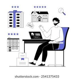 Real estate online. Man search for apartment to rent, choosing house online. Vector illustration with line people for web design.