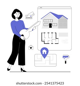 Imóveis online. Empréstimo hipotecário. Mulher comprando casa ou alugando apartamento, passeio de habitação virtual. Ilustração vetorial com pessoas de linha para web design.	
