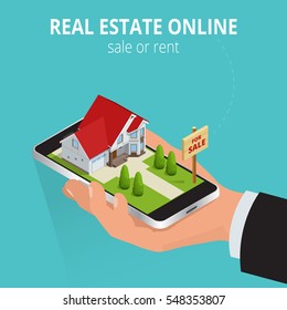 Real Estate online sale or rent concept. Mobile app template. 
Real estate booking app on smartphone screen. Vector isometric illustration.