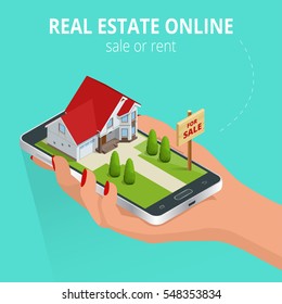 Real Estate online sale or rent concept. Mobile app template. 
Real estate booking app on smartphone screen. Vector isometric illustration.