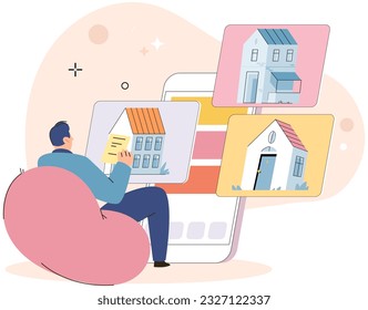 Real estate online searching concept. Man with smartphone is looking for house for buying or for rent, using online searching service. Person choosing house. Home mortgage loan, real property web page