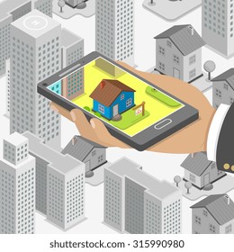 Real Estate Online Searching Isometric Flat Vector Concept. Man With Smartphone Is Looking For A House For Buying Or For Rent, Using Online Searching Service.