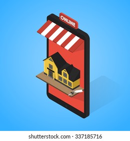 Real estate online searching isometric flat vector concept. For Sale or Rent Showcases phone