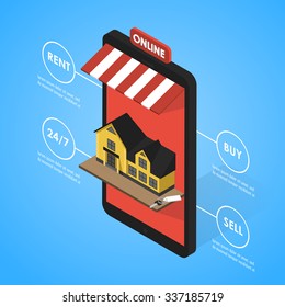 Real estate online searching isometric flat vector concept. For Sale or Rent Showcases phone