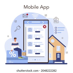 Real estate online service or platform. Qualified and reliable real estate agent guarantee a property buying. Mobile app. Vector flat illustration