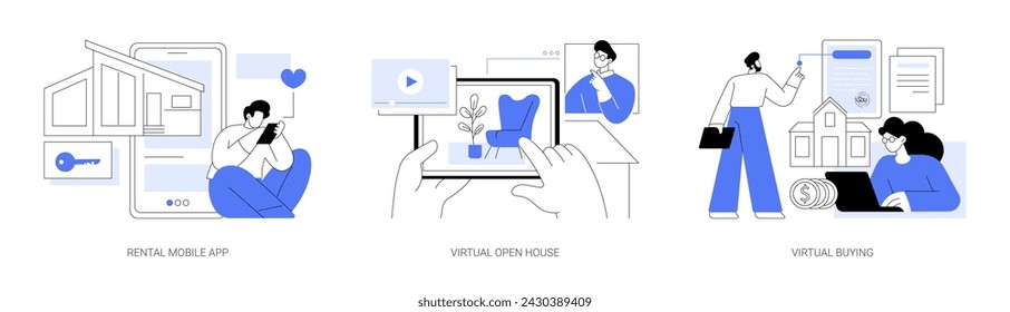 Real estate online services isolated cartoon vector illustrations set. Smartphone rental app, real estate search software, virtual open house tour, sell and buy property online vector cartoon.