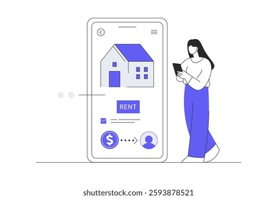 Real estate online. Woman Character pays house rent online via phone. Flat Cartoon Vector Illustration, icon. Stylish abstract web