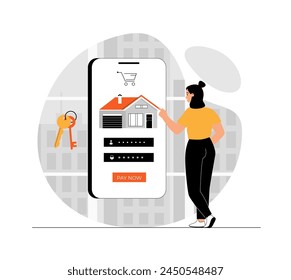 Real estate online. Woman with mobile phone buying house on internet, pay rent, online transfer and transaction, electronic commerce. Illustration with people scene in flat design for website