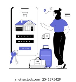 Imóveis online. Mulher com casa de compra de telefone celular na internet, pagar aluguel, transferência e transação online, comércio eletrônico. Ilustração vetorial com pessoas de linha para web design.