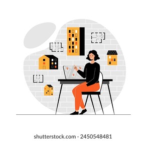 Bienes raíces en línea. Mujer buscando casa o apartamentos, considerando la ubicación y seleccionando en la página web. Ilustración con escena de personas en diseño plano para Sitio web y desarrollo móvil.