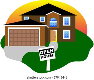 Real Estate, open house with an open door. Vector Illustration.