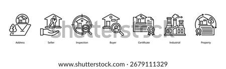 Real Estate Operations web banner icon vector illustration featuring Address, Seller, Inspection, Buyer, Certificate, Industrial, and Property.