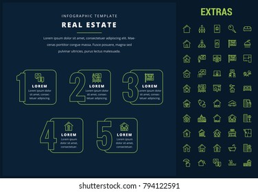 Real estate options infographic template, elements and icons. Infograph includes line icon set with real estate agent, architecture engineering, investment broker, family house, property sale etc.