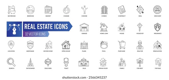 REAL ESTATE - Outline Icon Collection. Thin Line Set contains such Icons as Family, Bedroom, For Sale, Toilet, Change, Search and more. Simple web icons set.