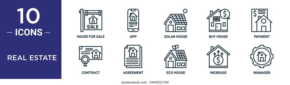 real estate outline icon set includes thin line house for sale, app, solar house, buy house, payment, contract, agreement icons for report, presentation, diagram, web design