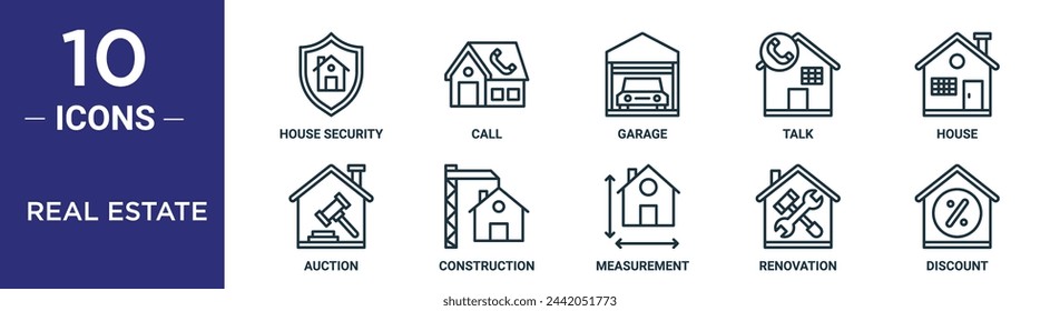 el conjunto de iconos de contorno de bienes raíces incluye la línea delgada de seguridad de la casa, llamada, garaje, charla, casa, subasta, iconos de construcción para informe, presentación, diagrama, diseño web