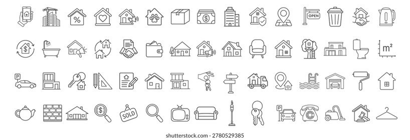 Real estate outline icon set with property, contract, security, construction and household service elements
