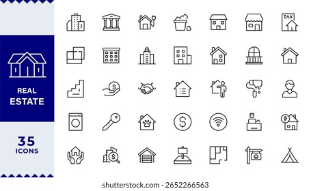 Ícones de estrutura de tópicos Real Estate com coleção de traçados editável. Inclui Casa, Moradia, Hipoteca, Corretor de imóveis, Comodidades, AVC editável. Ilustração vetorial