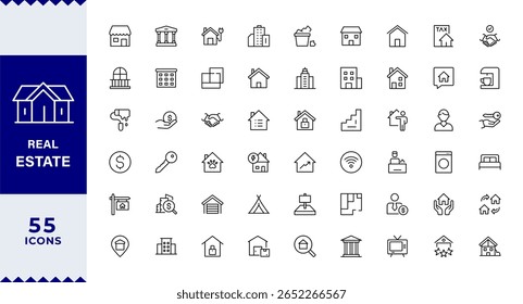 Ícones de estrutura de tópicos Real Estate com coleção de traçados editável. Inclui Casa, Moradia, Hipoteca, Corretor de imóveis, Comodidades, AVC editável. Ilustração vetorial