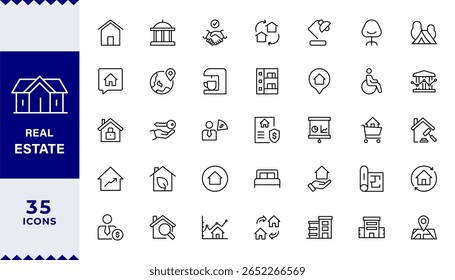 Ícones de estrutura de tópicos Real Estate com coleção de traçados editável. Inclui Casa, Moradia, Hipoteca, Corretor de imóveis, Comodidades, AVC editável. Ilustração vetorial