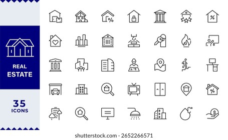 Ícones de estrutura de tópicos Real Estate com coleção de traçados editável. Inclui Casa, Moradia, Hipoteca, Corretor de imóveis, Comodidades, AVC editável. Ilustração vetorial