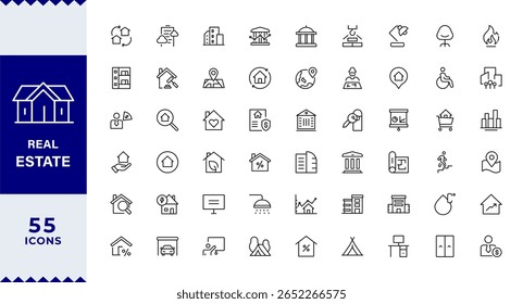 Ícones de estrutura de tópicos Real Estate com coleção de traçados editável. Inclui Casa, Moradia, Hipoteca, Corretor de imóveis, Comodidades, AVC editável. Ilustração vetorial