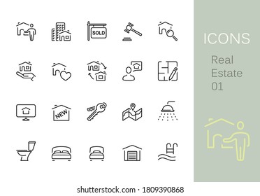 Real estate outline icons. Set of 20 real estate outline icons, vector illustrations. Contains such as: new development, project, bathroom, home insurance, garage and more.