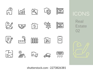 Real estate outline icons. Set of 20 real estate outline icons, vector illustrations. 
Contains such as: solar panel, moving, rent, sale, factory and more.